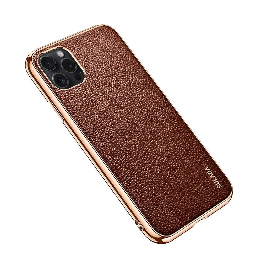 Etui do iPhone 14 Pro eleganckie luksusowe skórzane brązowe ze złotem