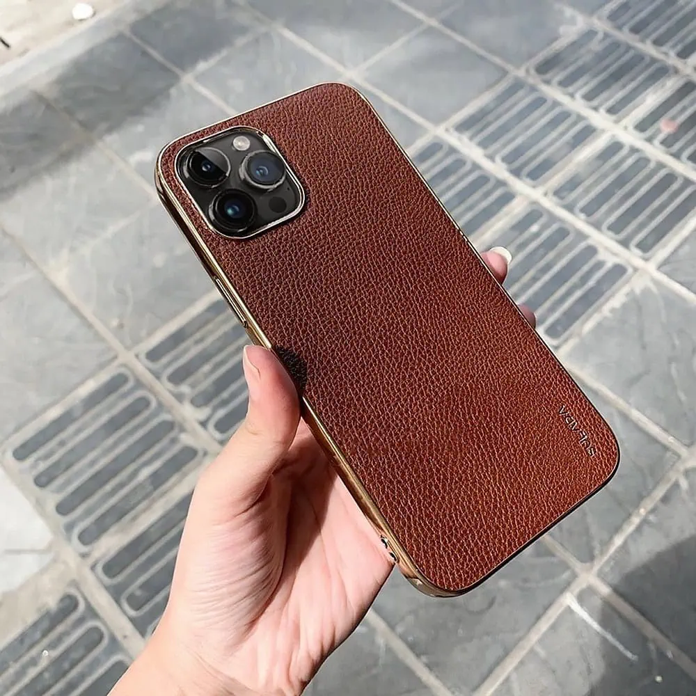 Etui do iPhone 14 Pro eleganckie luksusowe skórzane brązowe ze złotem