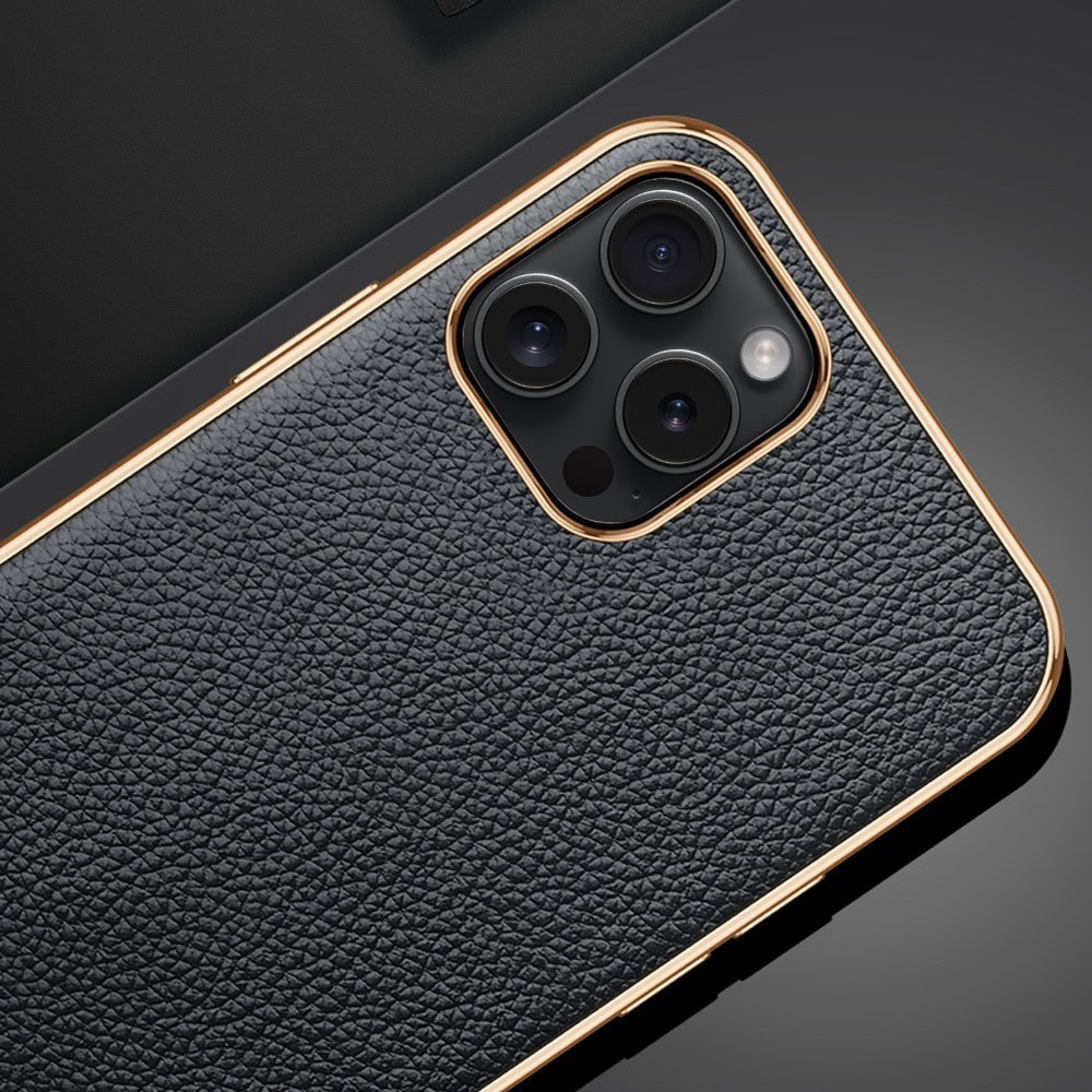 Etui do iPhone 14 Pro eleganckie luksusowe skórzane czarne ze złotem