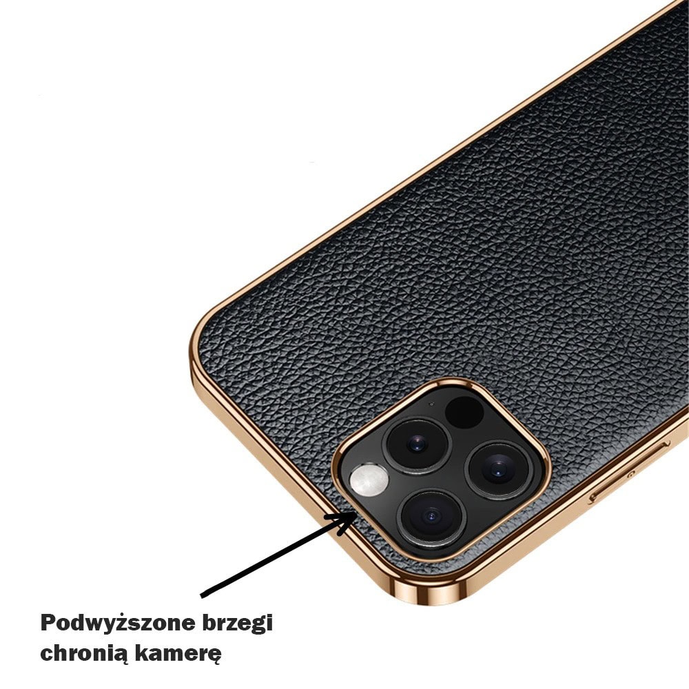 Etui do iPhone 14 Pro eleganckie luksusowe skórzane czarne ze złotem