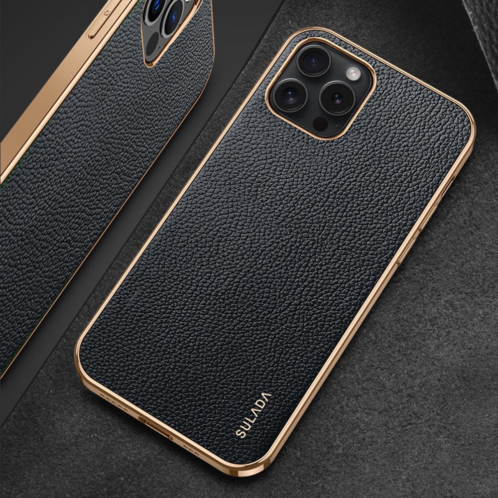 Etui do iPhone 14 Pro eleganckie luksusowe skórzane czarne ze złotem