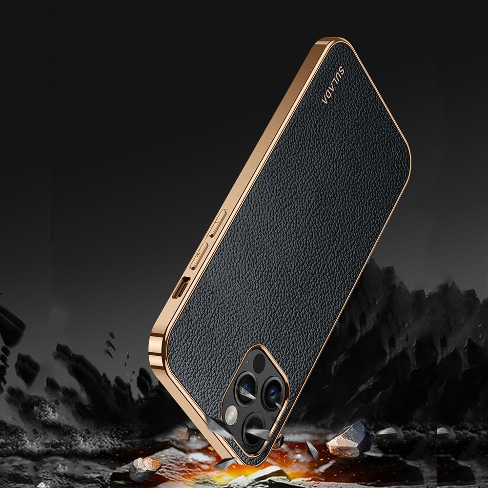 Etui do iPhone 14 Pro eleganckie luksusowe skórzane czarne ze złotem