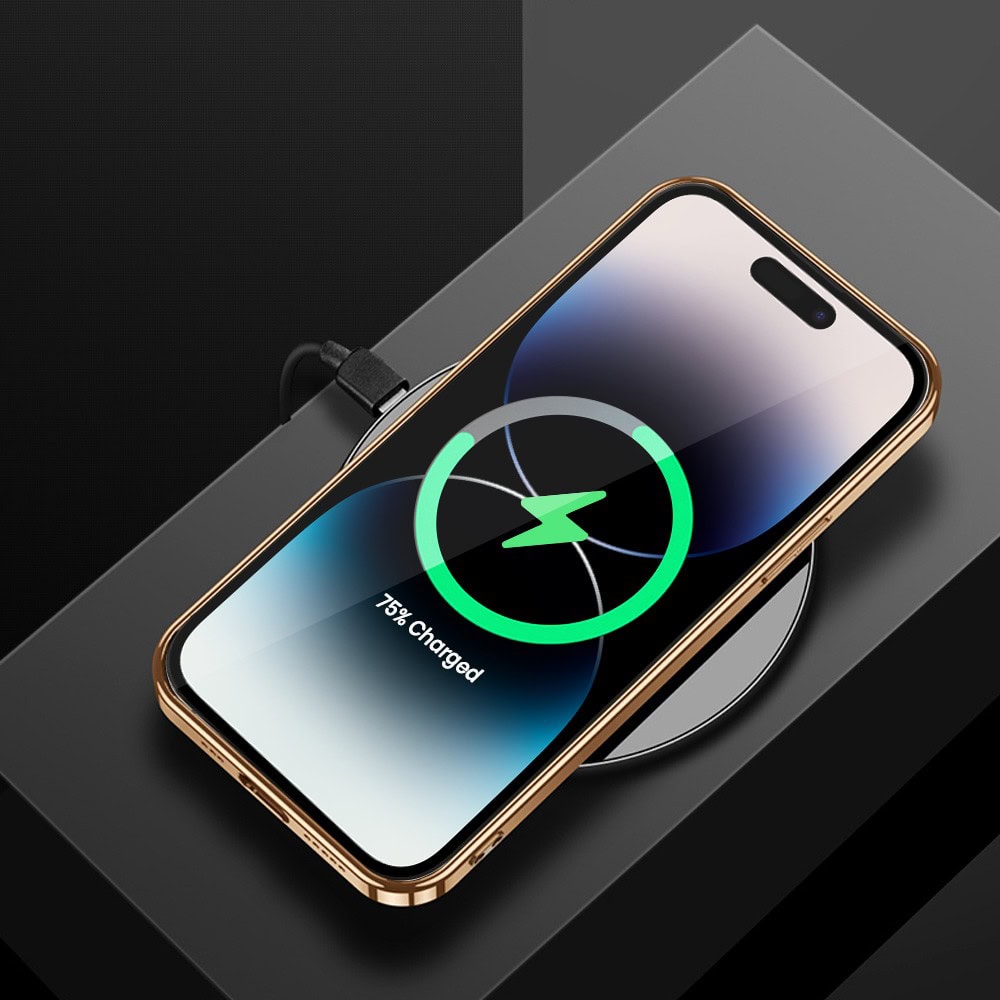 Etui do iPhone 14 Pro eleganckie luksusowe skórzane czarne ze złotem