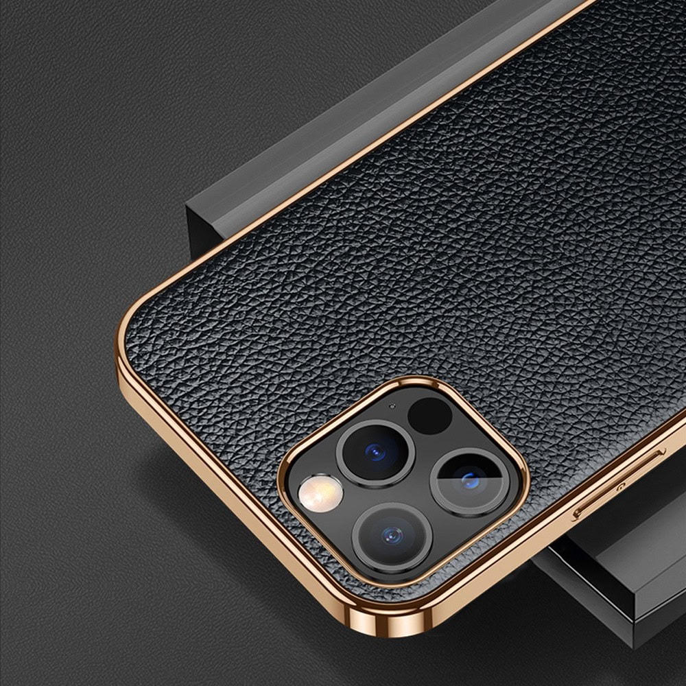 Etui do iPhone 14 Pro eleganckie luksusowe skórzane czarne ze złotem