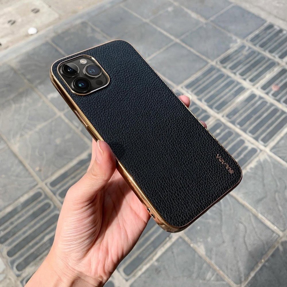 Etui do iPhone 14 Pro eleganckie luksusowe skórzane czarne ze złotem