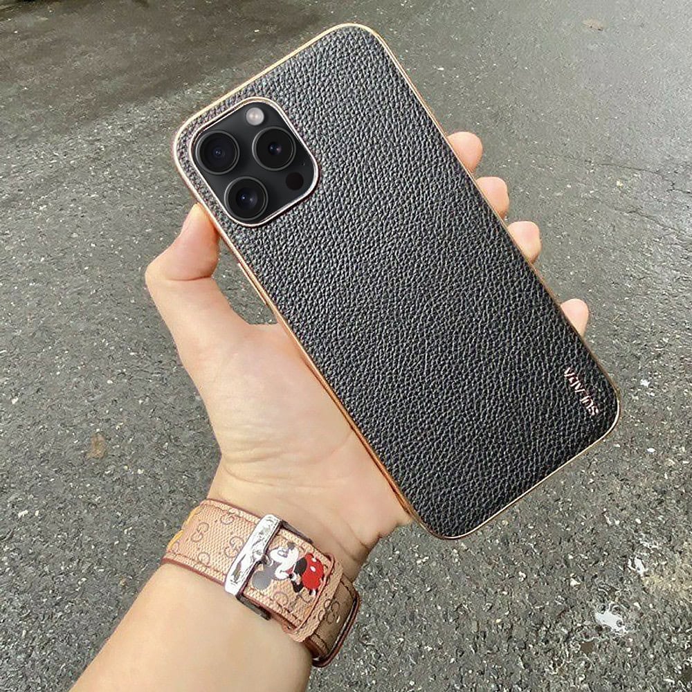 Etui do iPhone 14 Pro eleganckie luksusowe skórzane czarne ze złotem