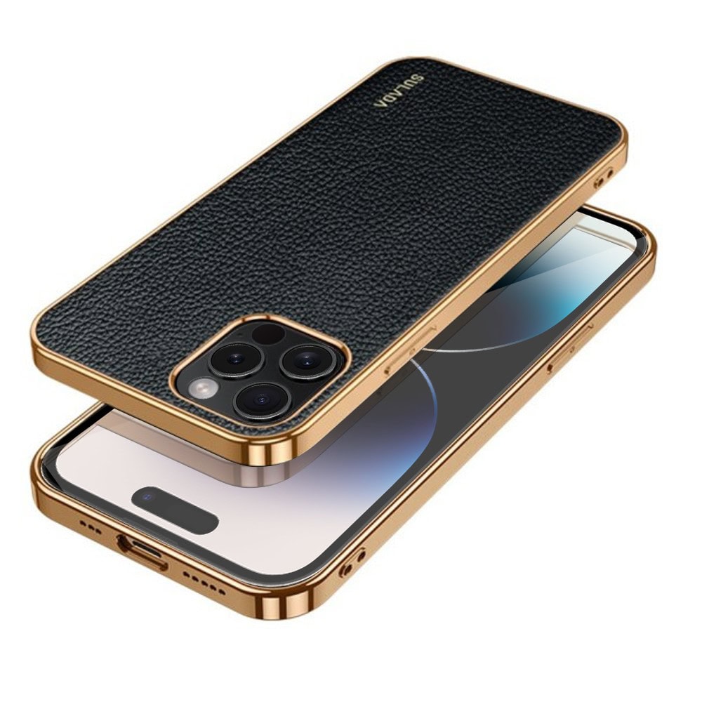 Etui do iPhone 14 Pro eleganckie luksusowe skórzane czarne ze złotem