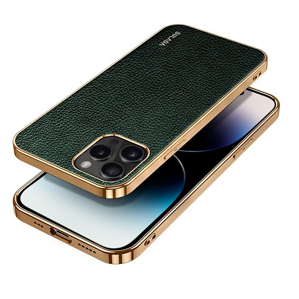 Etui do iPhone 14 Pro eleganckie luksusowe skórzane zielone ze złotem