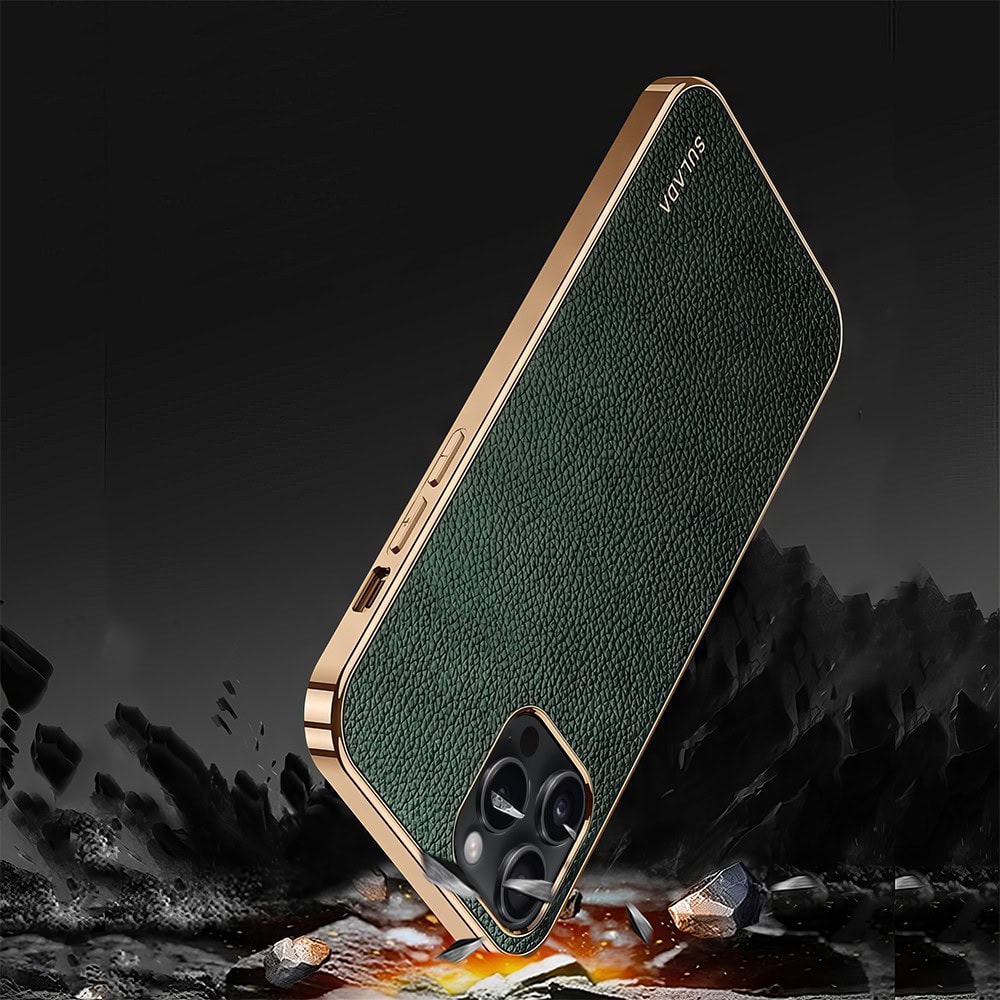 Etui do iPhone 14 Pro eleganckie luksusowe skórzane zielone ze złotem