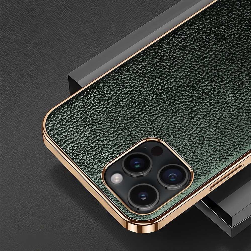 Etui do iPhone 14 Pro eleganckie luksusowe skórzane zielone ze złotem