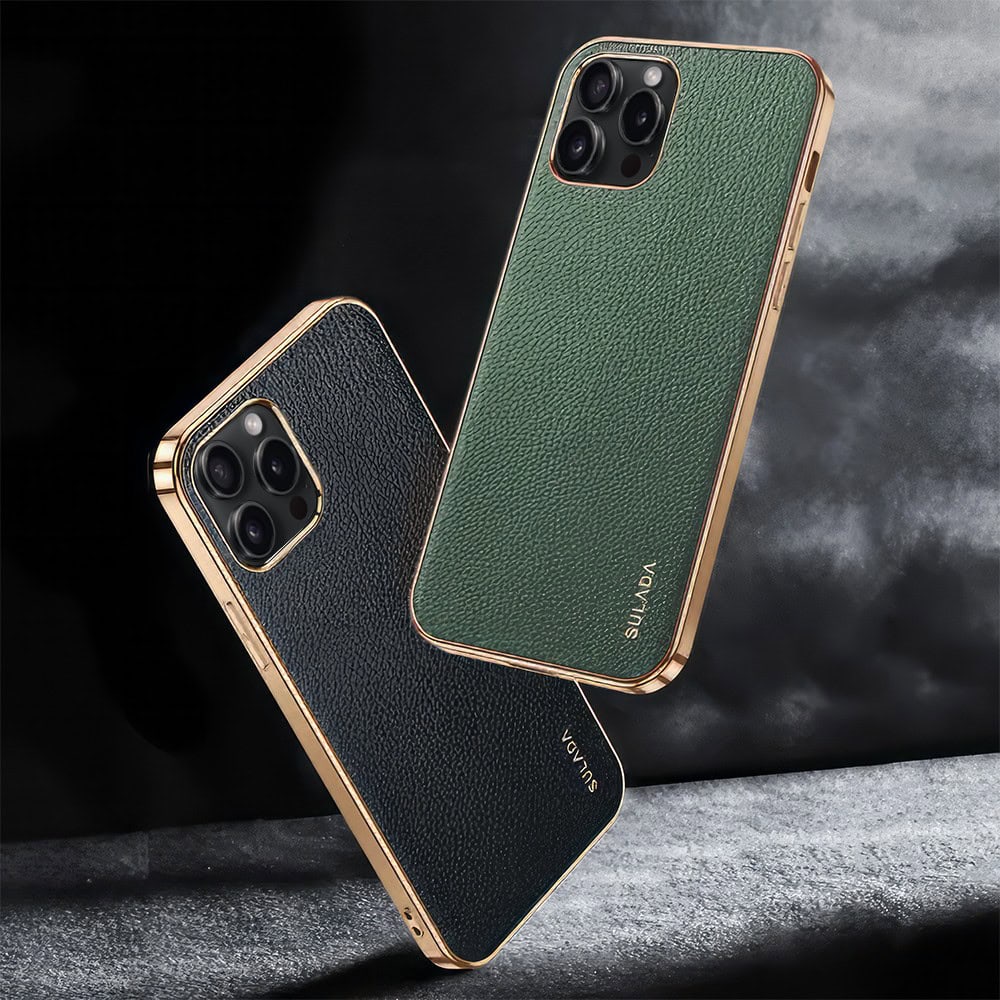Etui do iPhone 14 Pro eleganckie luksusowe skórzane zielone ze złotem