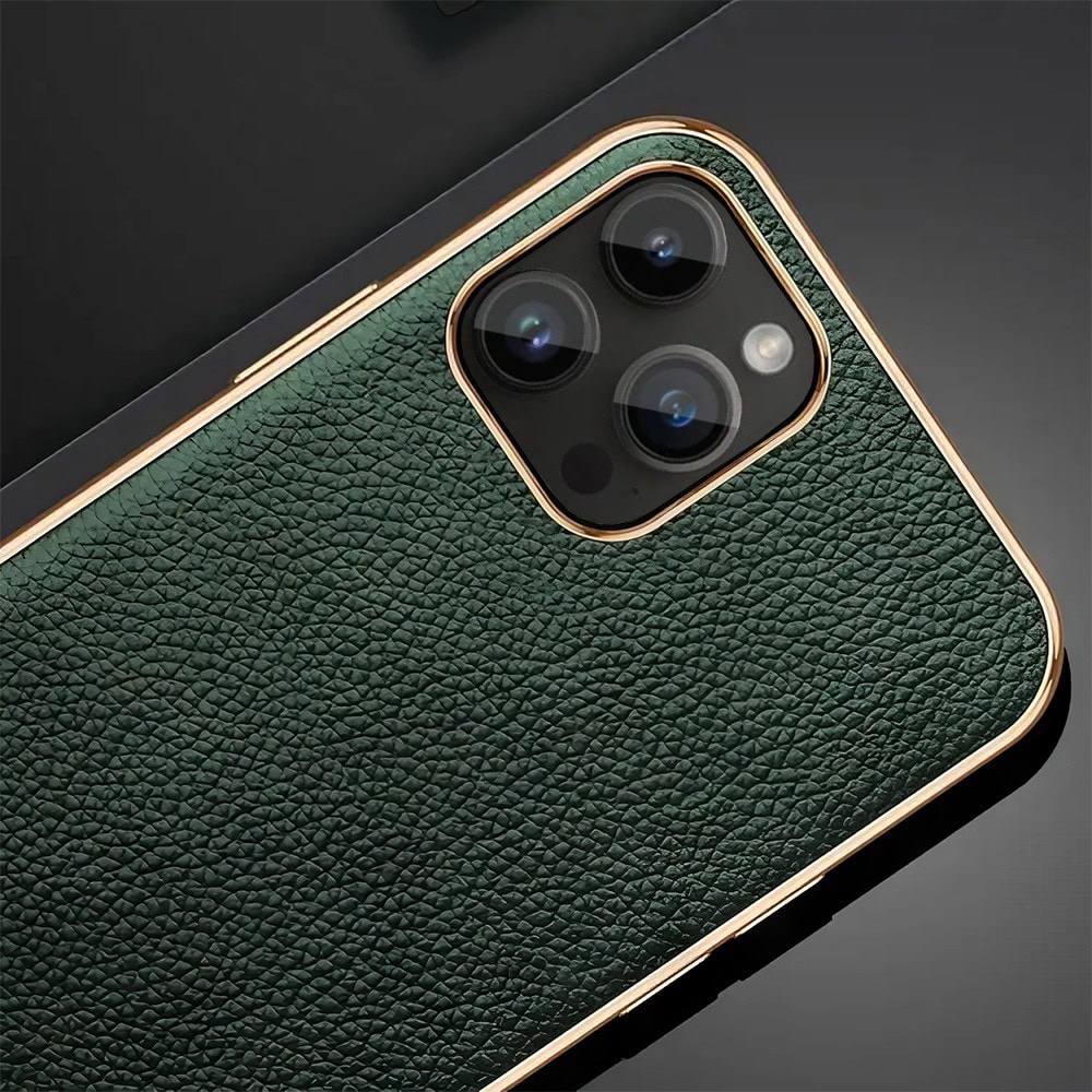 Etui do iPhone 14 Pro eleganckie luksusowe skórzane zielone ze złotem