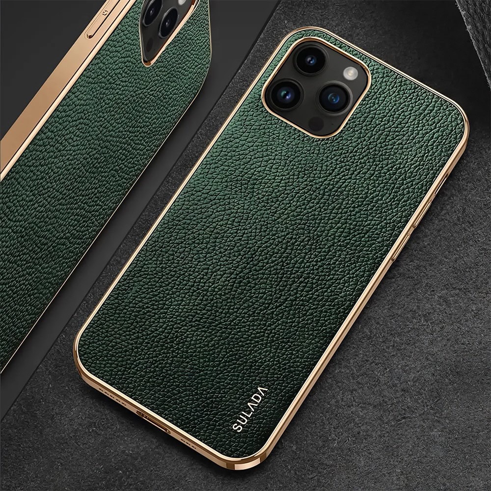 Etui do iPhone 14 Pro eleganckie luksusowe skórzane zielone ze złotem