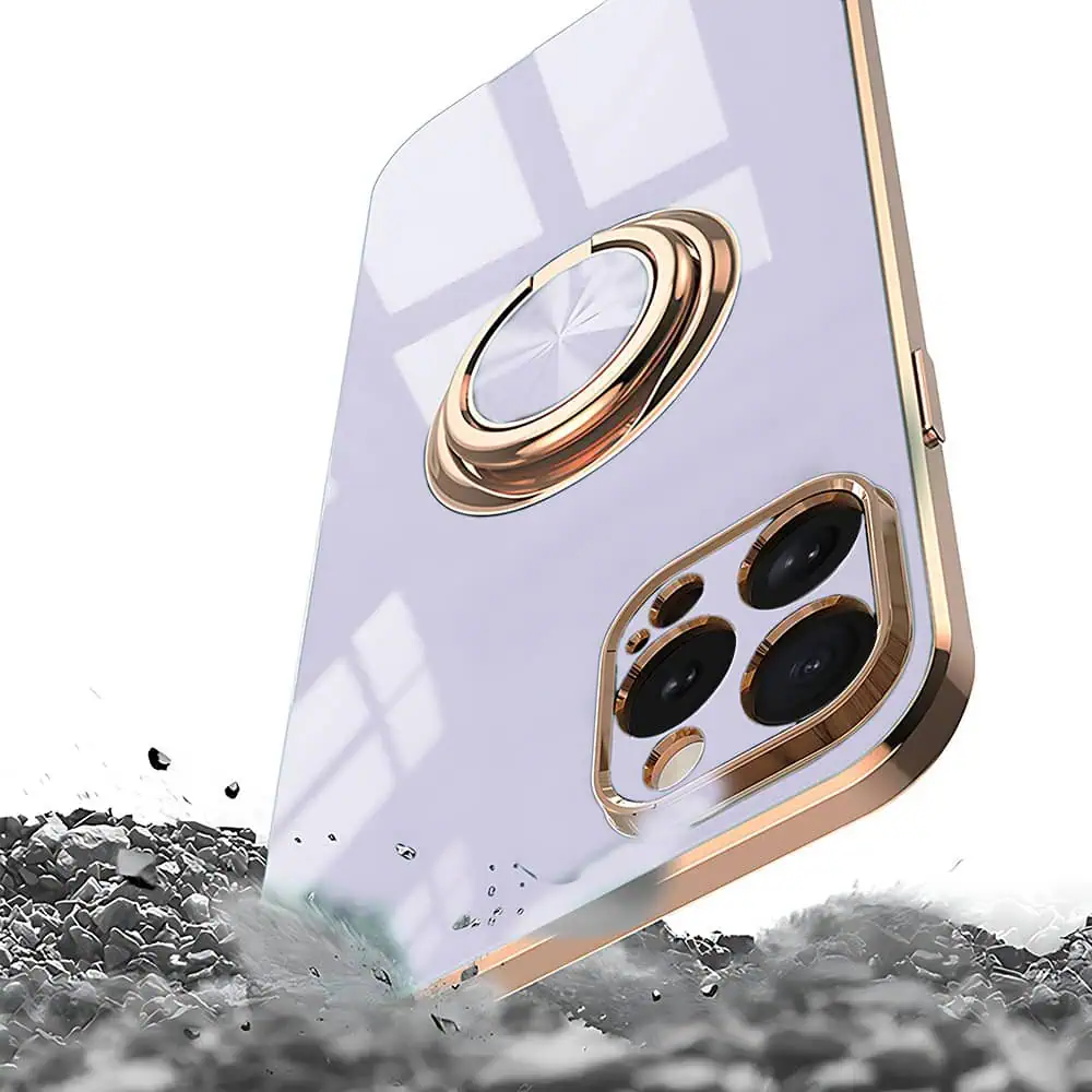 Etui do iPhone 14 Pro eleganckie, ze złotym, metalowym uchwytem i zdobieniami, osłona na aparat, fioletowe liliowe