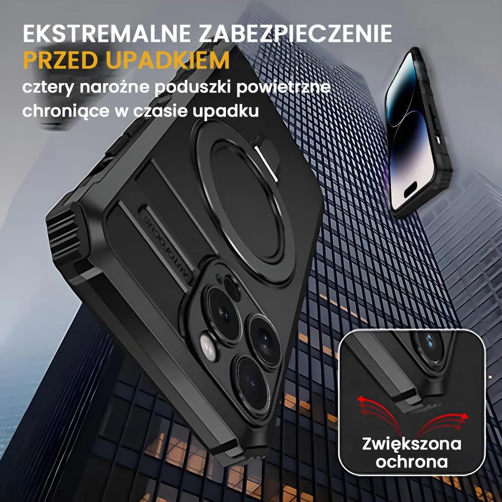 Etui do iPhone 14 Pro, pancerne, z osłoną aparatu i metalową podstawką MagSafe, czarne