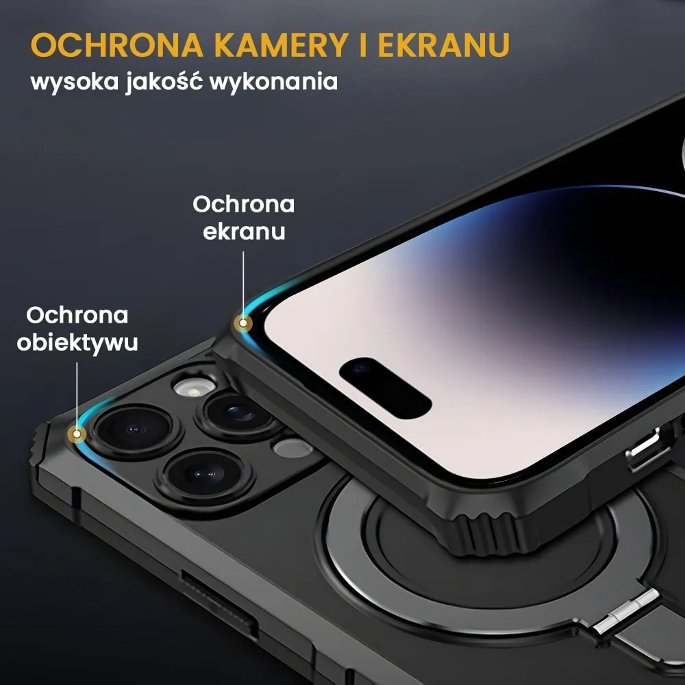 Etui do iPhone 14 Pro, pancerne, z osłoną aparatu i metalową podstawką MagSafe, czarne