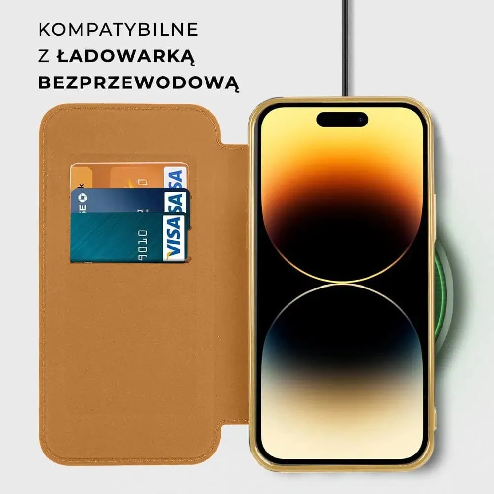 Etui do iPhone 14 Pro Max typu książka Book Magsafe Lens Protect, z klapką, złote