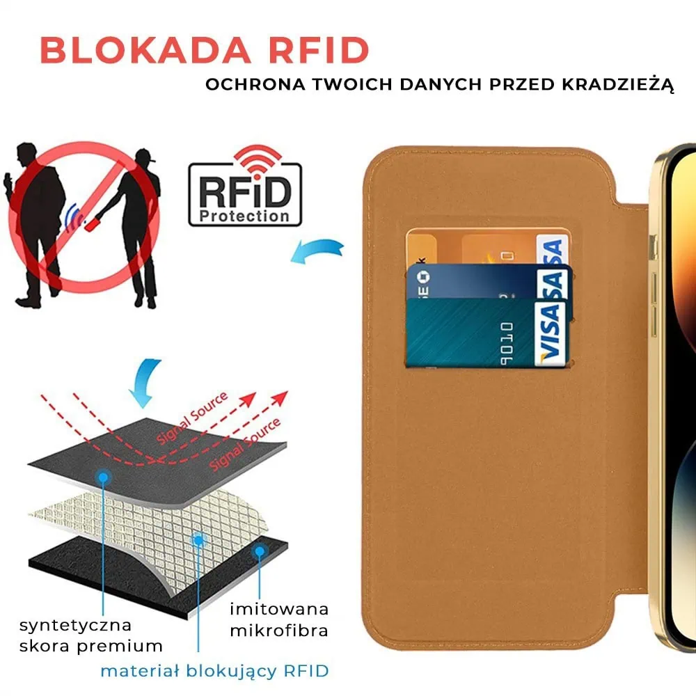 Etui do iPhone 14 Pro Max typu książka Book Magsafe Lens Protect, z klapką, złote