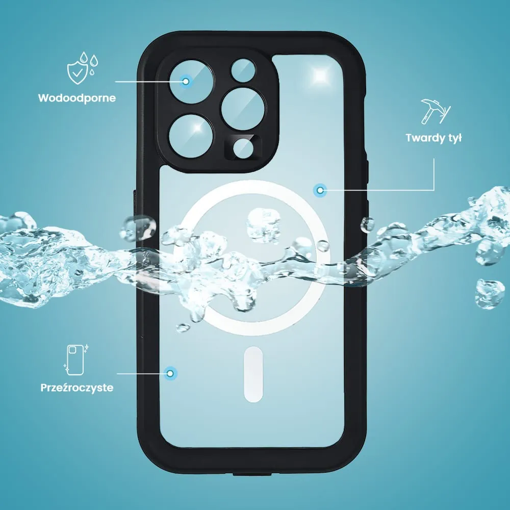 Etui do iPhone 14 Pro wodoodporne z MagSafe, pancerne, przeźroczyste, czarne