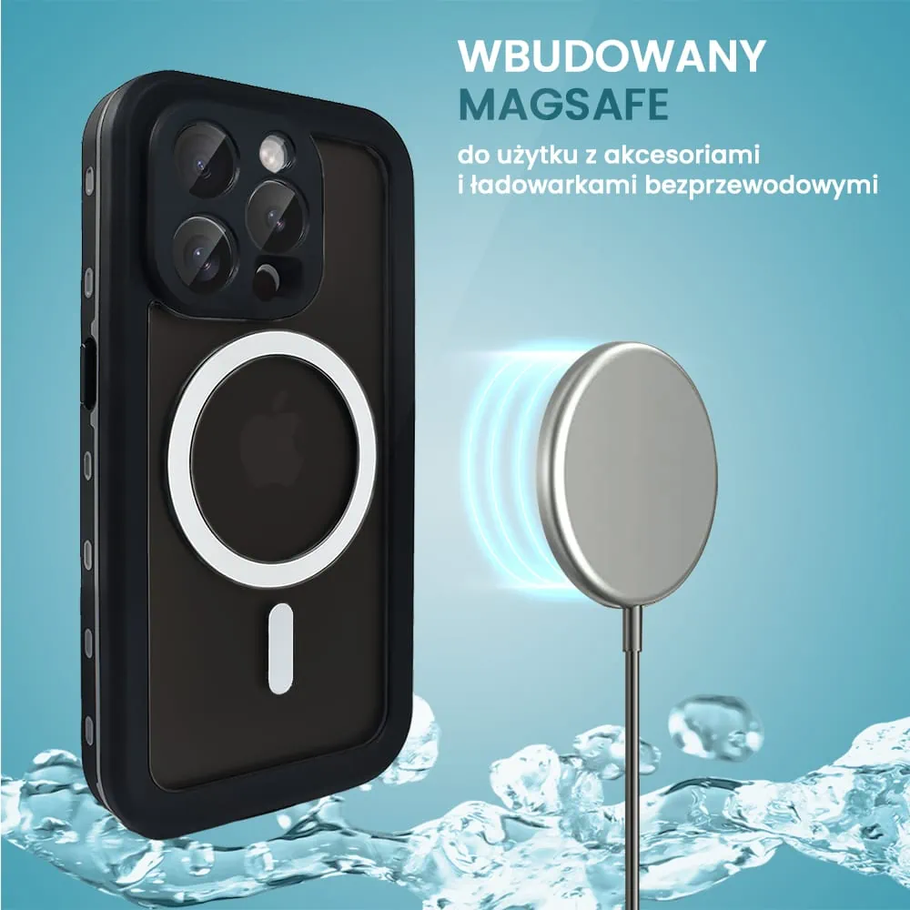 Etui do iPhone 14 Pro wodoodporne z MagSafe, pancerne, przeźroczyste, czarne