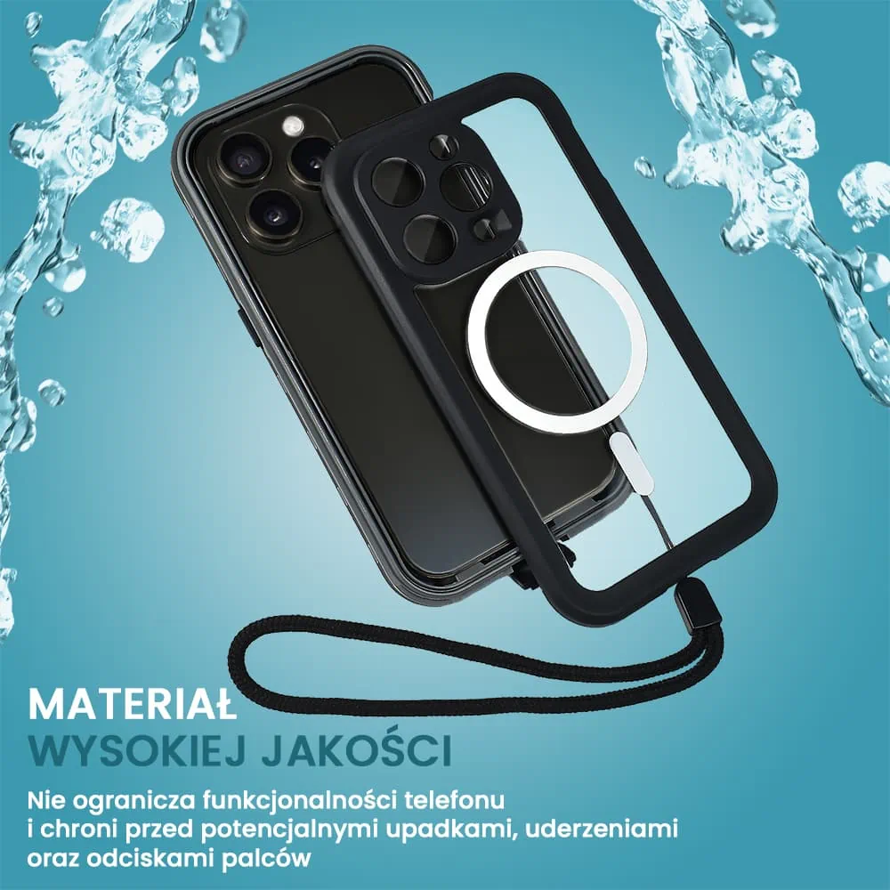 Etui do iPhone 14 Pro wodoodporne z MagSafe, pancerne, przeźroczyste, czarne