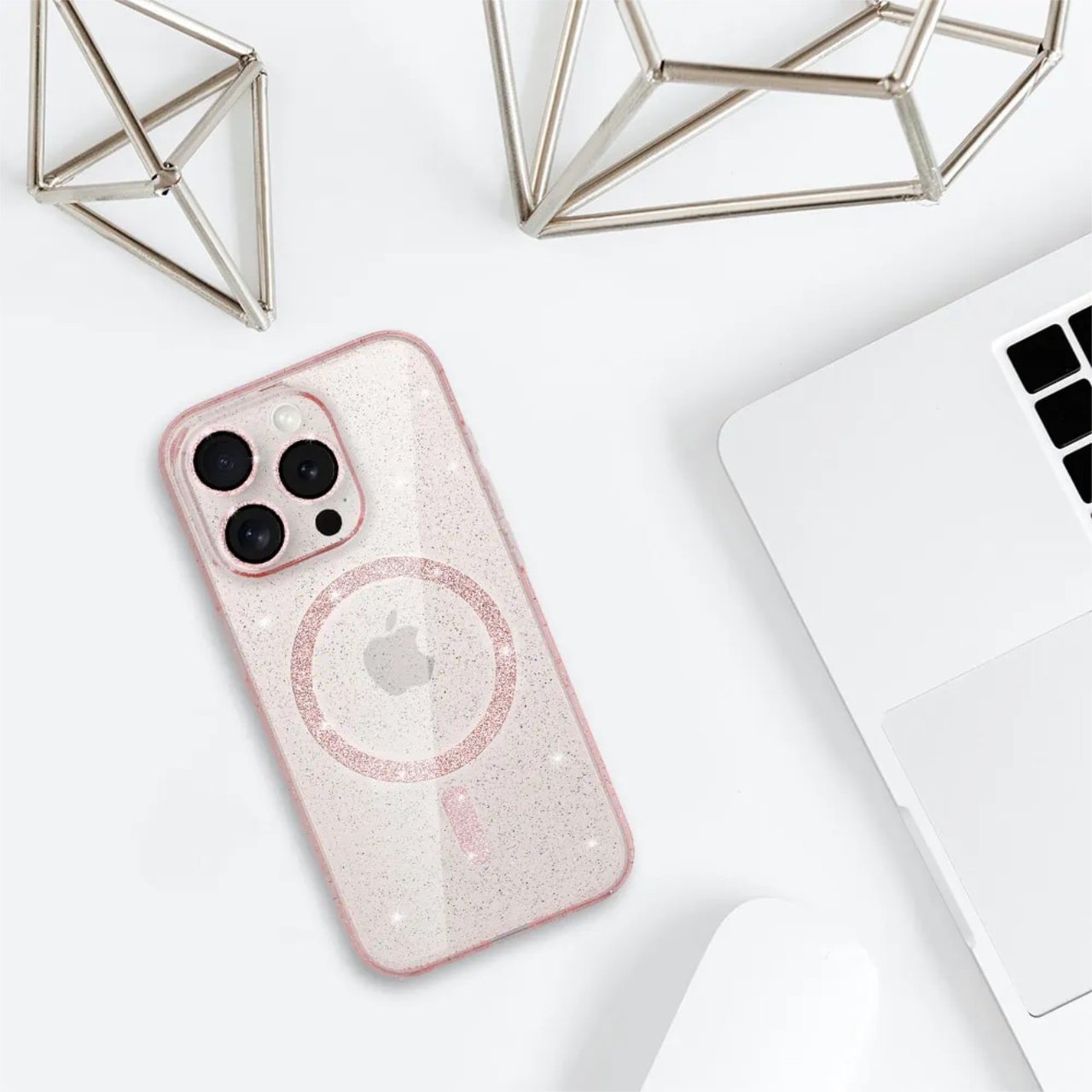 Etui do iPhone 14 Pro z Magsafe, przeźroczyste, błyszczący brokat, różowe