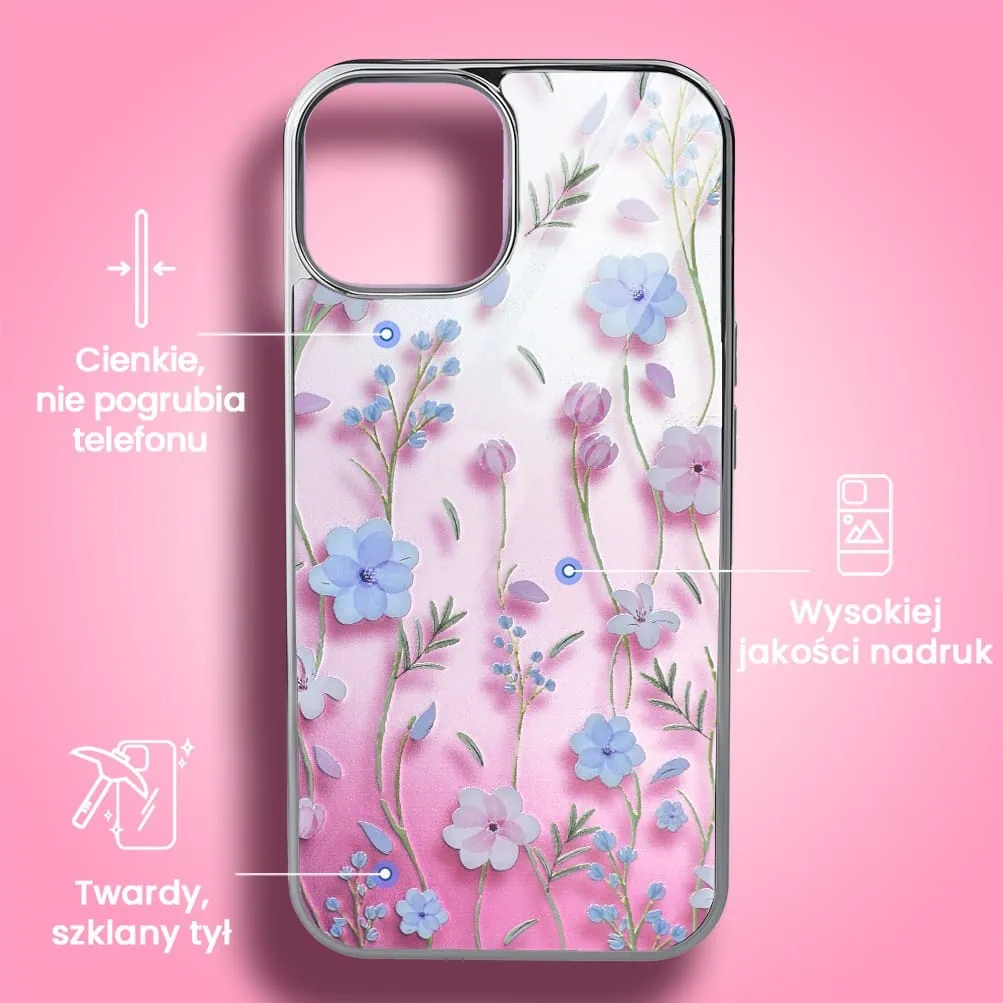 Etui do iPhone 14, Elite Glass 3D, szklany tył, letnie kwiaty o zachodzie słońca, srebrne