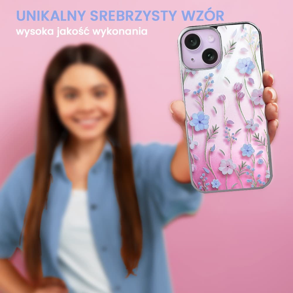 Etui do iPhone 14, Elite Glass 3D, szklany tył, letnie kwiaty o zachodzie słońca, srebrne