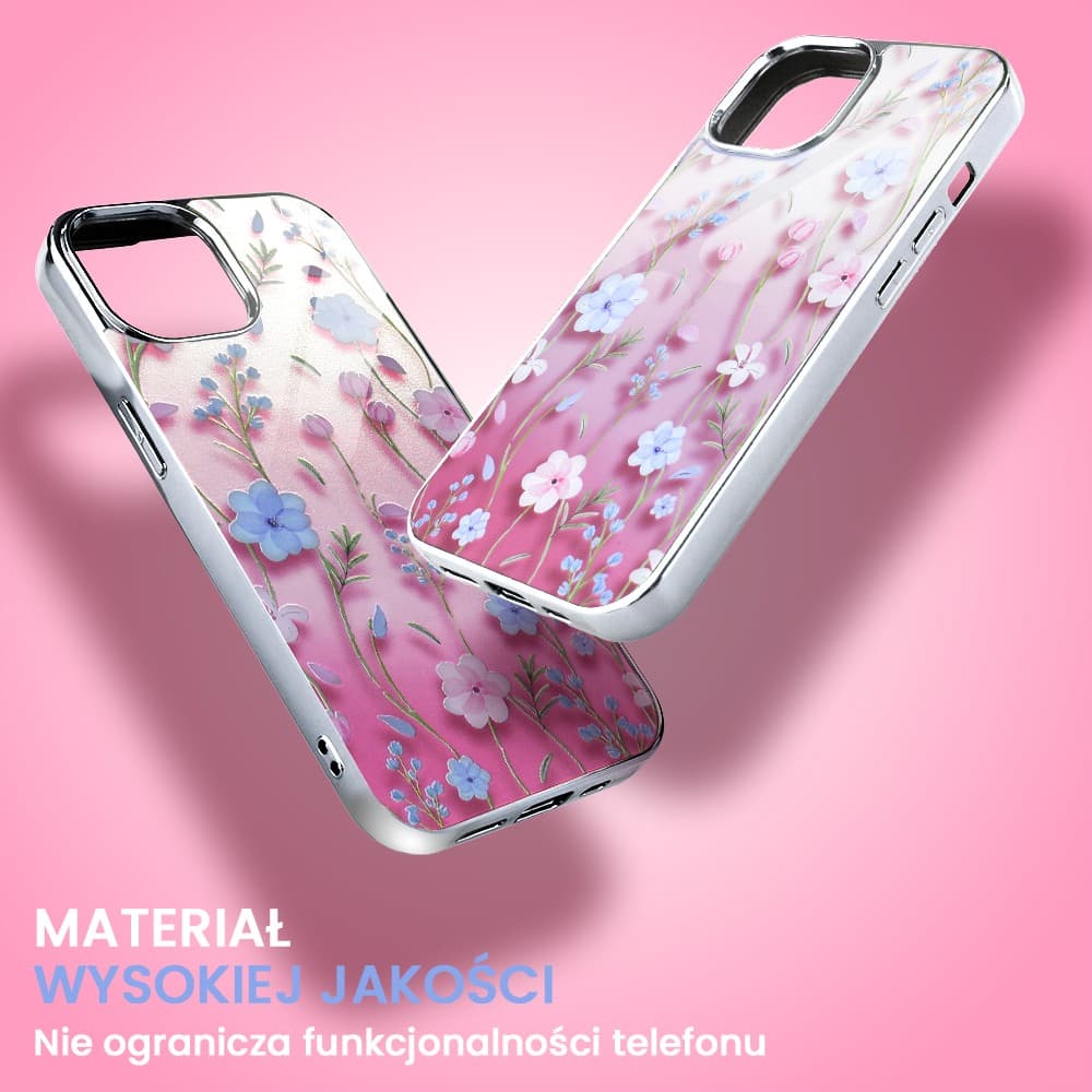 Etui do iPhone 14, Elite Glass 3D, szklany tył, letnie kwiaty o zachodzie słońca, srebrne