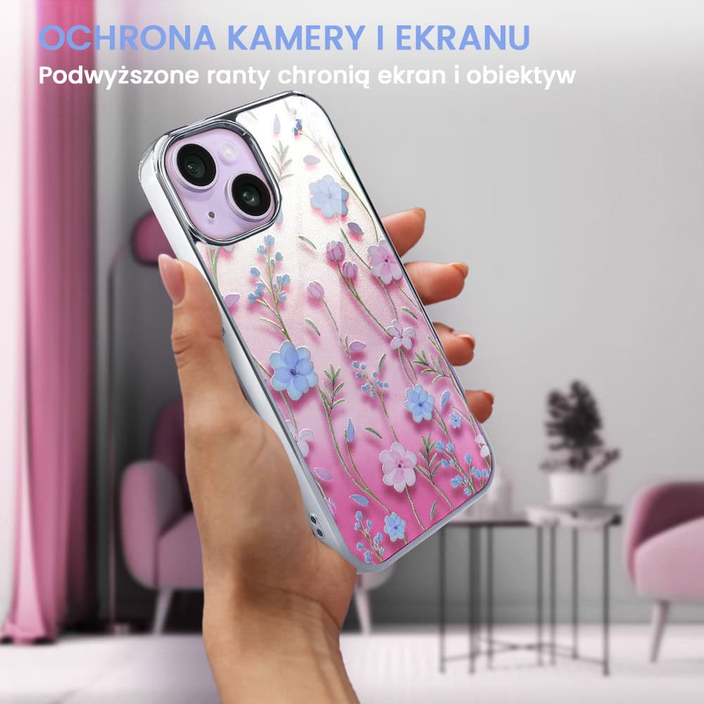 Etui do iPhone 14, Elite Glass 3D, szklany tył, letnie kwiaty o zachodzie słońca, srebrne