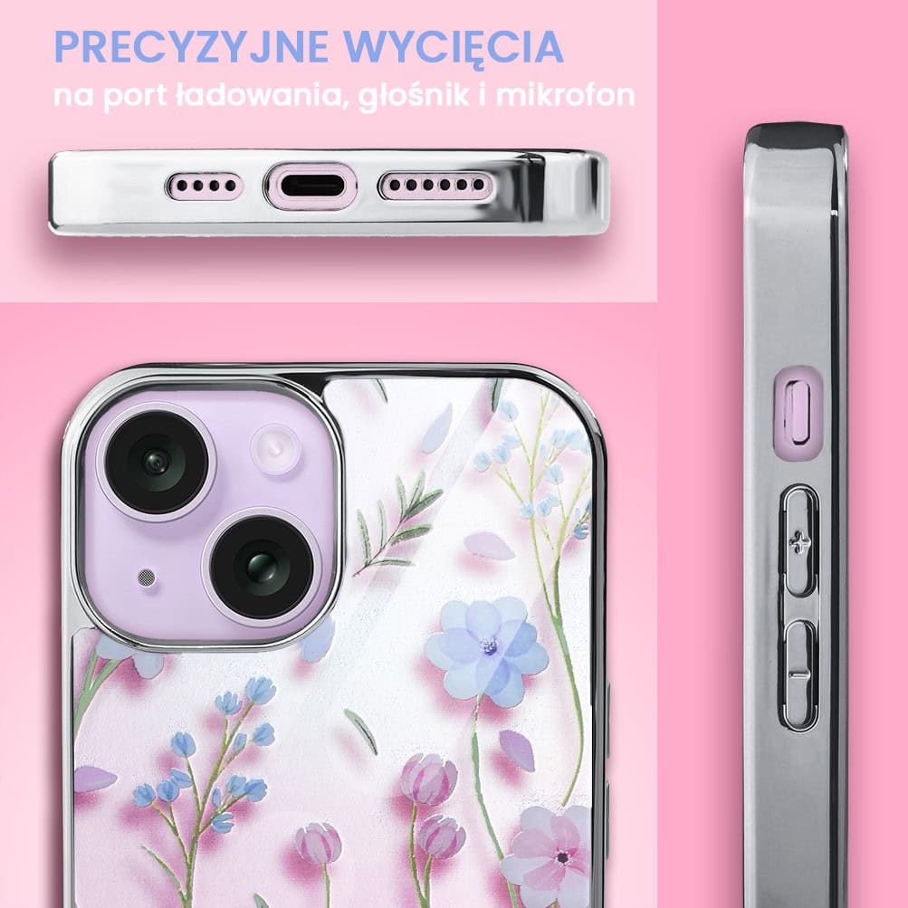 Etui do iPhone 14, Elite Glass 3D, szklany tył, letnie kwiaty o zachodzie słońca, srebrne
