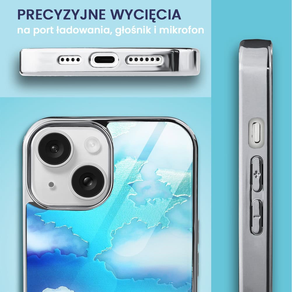Etui do iPhone 14, Elite Glass, szklany tył, chmurki, srebrne