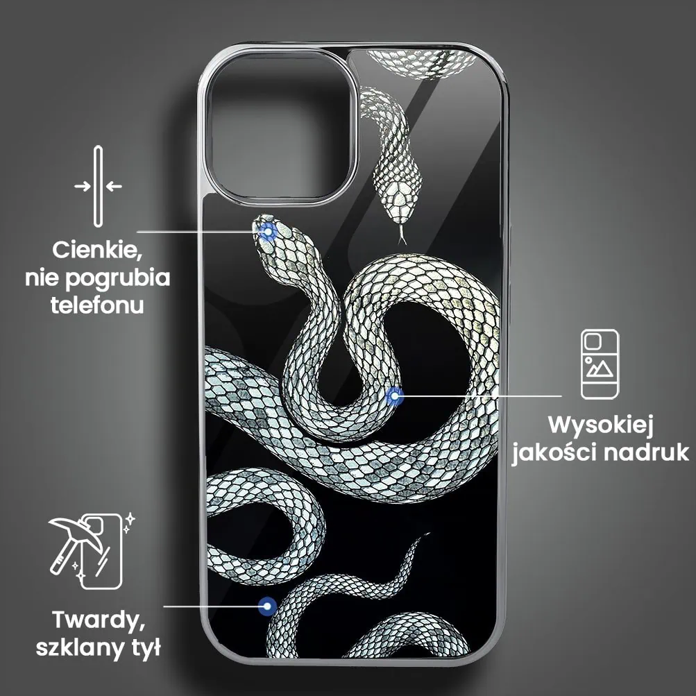 Etui do iPhone 14, Elite Glass, szklany tył, węże ze srebrem, srebrne