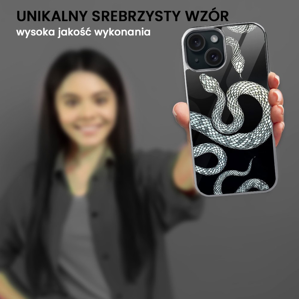 Etui do iPhone 14, Elite Glass, szklany tył, węże ze srebrem, srebrne