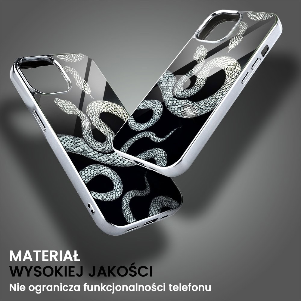 Etui do iPhone 14, Elite Glass, szklany tył, węże ze srebrem, srebrne
