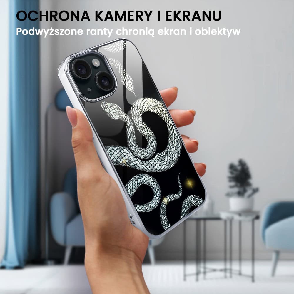 Etui do iPhone 14, Elite Glass, szklany tył, węże ze srebrem, srebrne