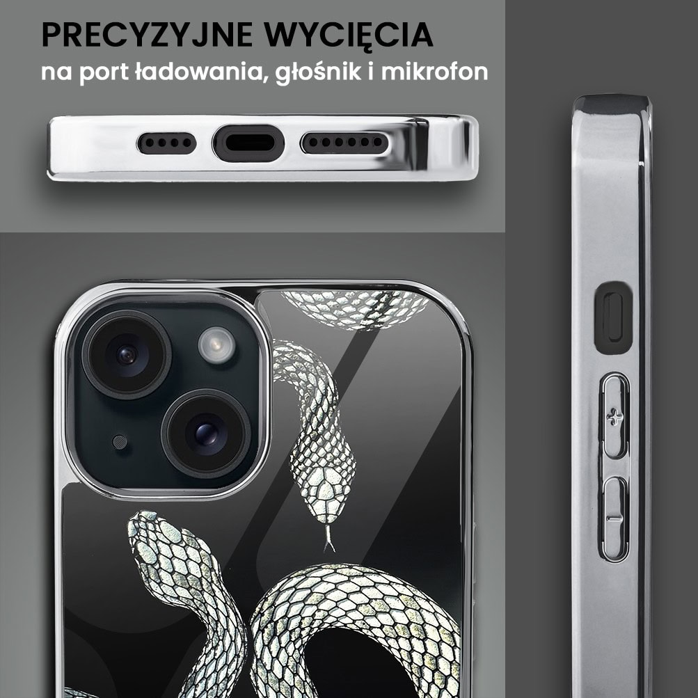 Etui do iPhone 14, Elite Glass, szklany tył, węże ze srebrem, srebrne