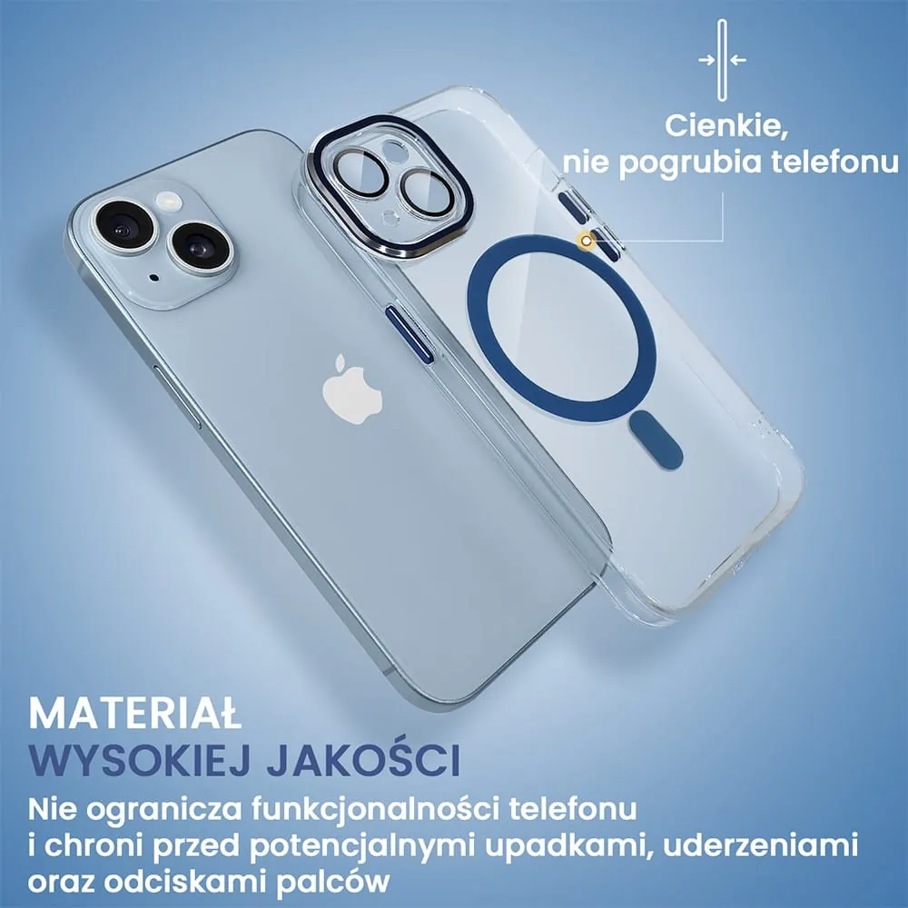 Etui do iPhone 14 Simple Elegance z MagSafe, twardy przeźroczysty tył, hybrydowa ochrona kamery, niebieskie