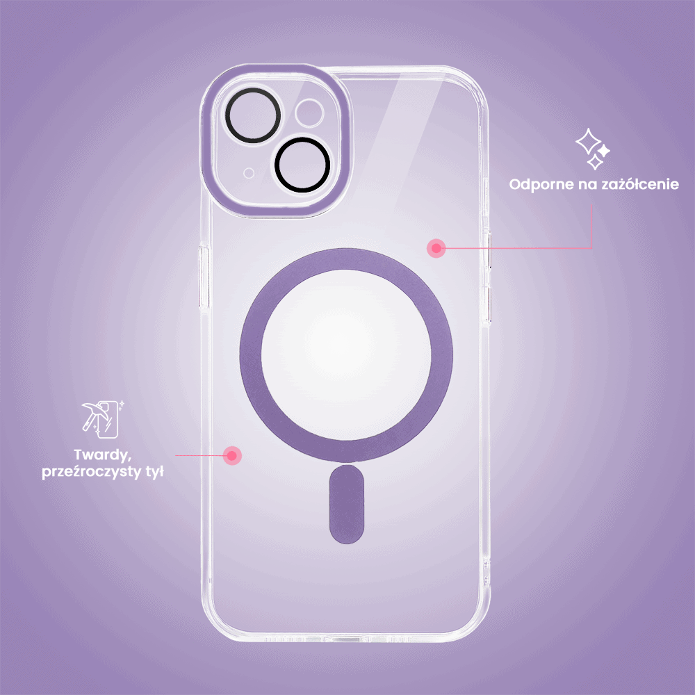 Etui do iPhone 14 Simple Elegance z MagSafe, twardy przeźroczysty tył, hybrydowa ochrona kamery, liliowe