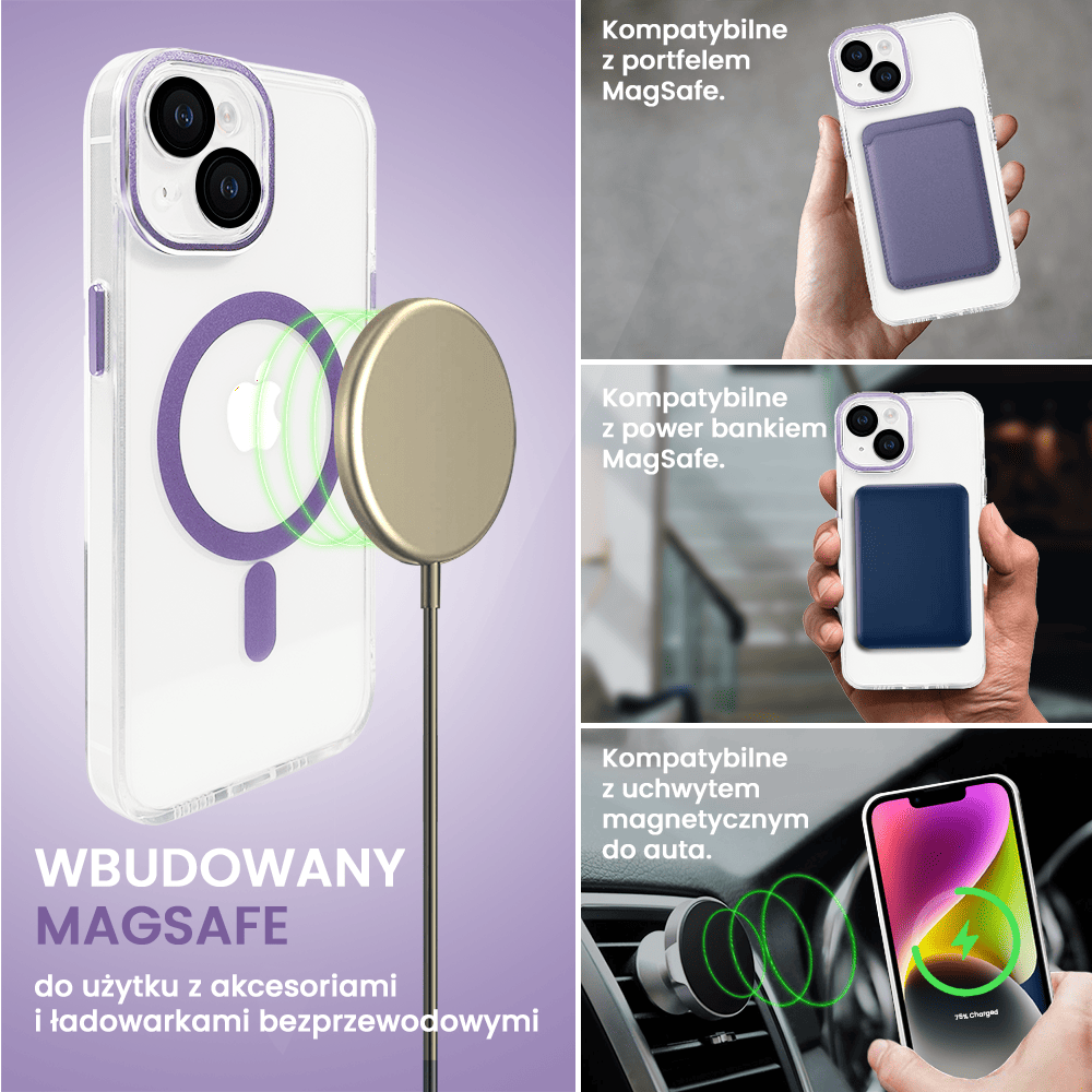Etui do iPhone 14 Simple Elegance z MagSafe, twardy przeźroczysty tył, hybrydowa ochrona kamery, liliowe