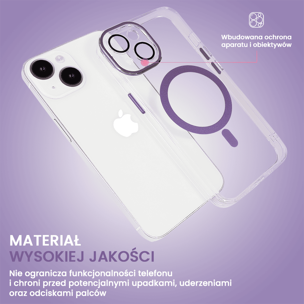 etui do iphone 14 simple elegance z magsafe, twardy przeźroczysty tył, hybrydowa ochrona kamery, lilowe