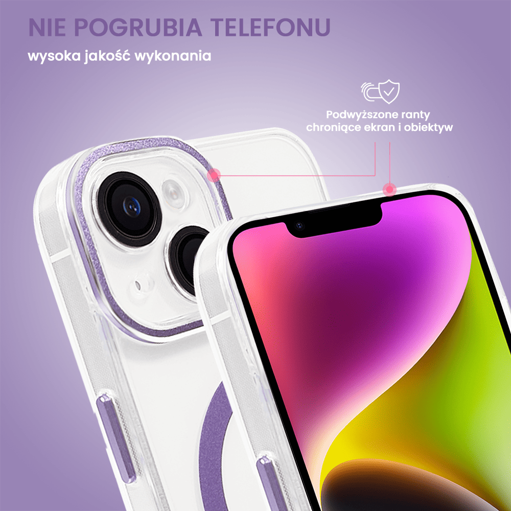 Etui do iPhone 14 Simple Elegance z MagSafe, twardy przeźroczysty tył, hybrydowa ochrona kamery, liliowe