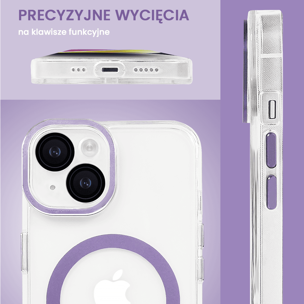 Etui do iPhone 14 Simple Elegance z MagSafe, twardy przeźroczysty tył, hybrydowa ochrona kamery, liliowe