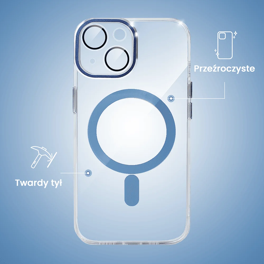 Etui do iPhone 14 Simple Elegance z MagSafe, twardy przeźroczysty tył, hybrydowa ochrona kamery, niebieskie