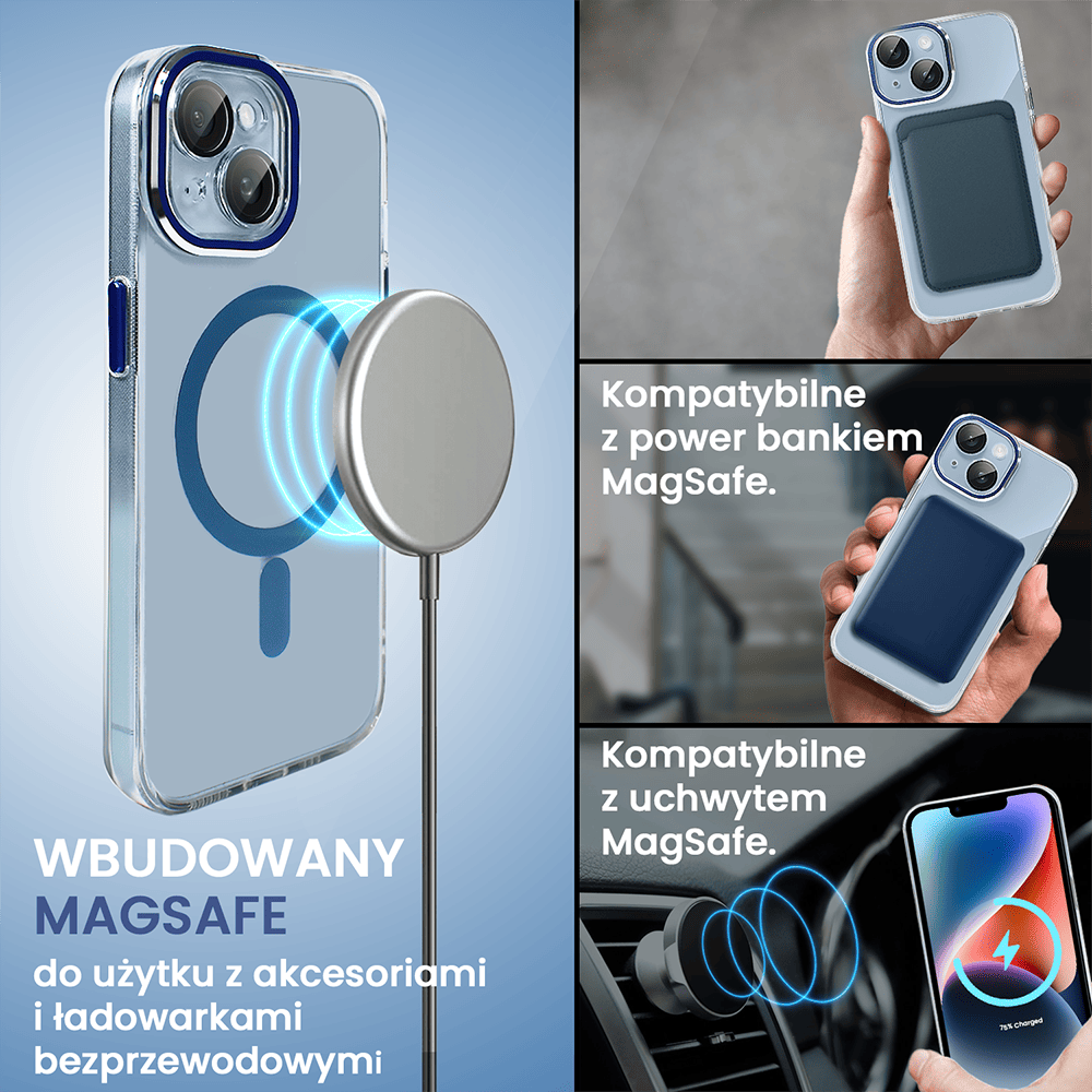 Etui do iPhone 14 Simple Elegance z MagSafe, twardy przeźroczysty tył, hybrydowa ochrona kamery, niebieskie