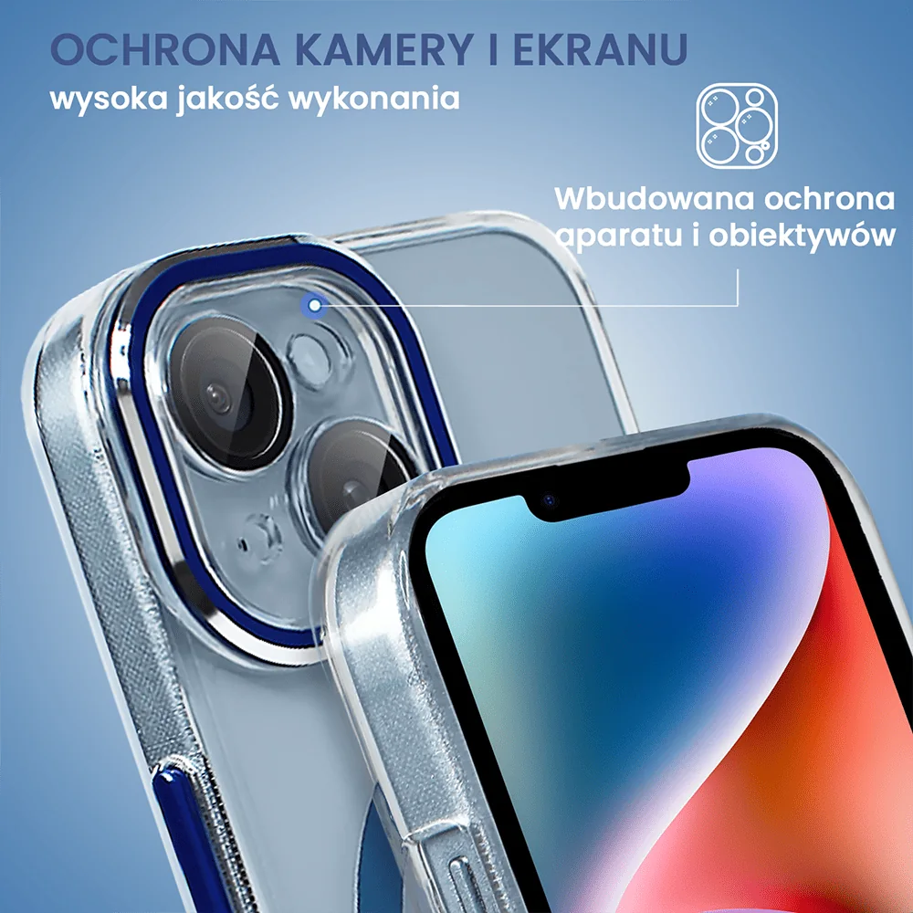 Etui do iPhone 14 Simple Elegance z MagSafe, twardy przeźroczysty tył, hybrydowa ochrona kamery, niebieskie