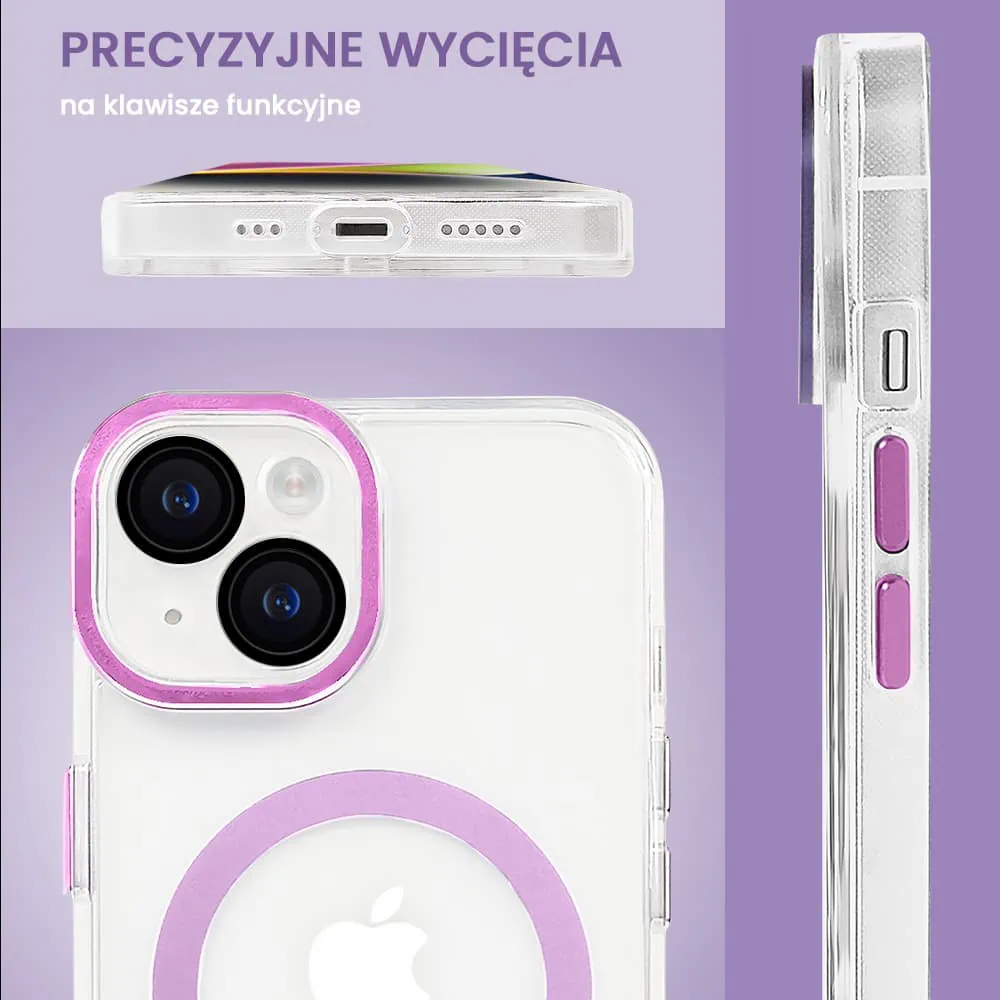 Etui do iPhone 14 Simple Elegance z MagSafe, twardy przeźroczysty tył, hybrydowa ochrona kamery, różowe
