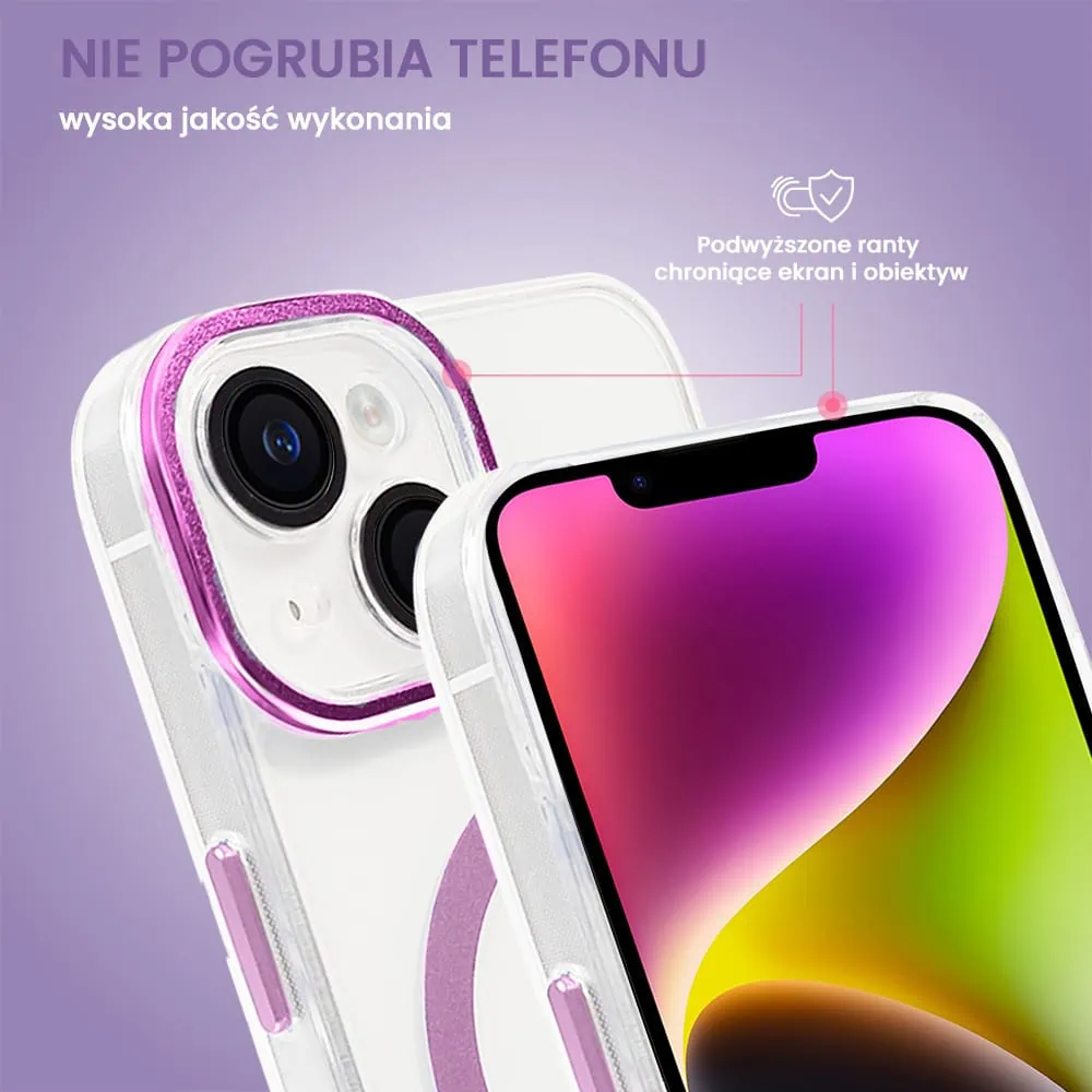 Etui do iPhone 14 Simple Elegance z MagSafe, twardy przeźroczysty tył, hybrydowa ochrona kamery, różowe