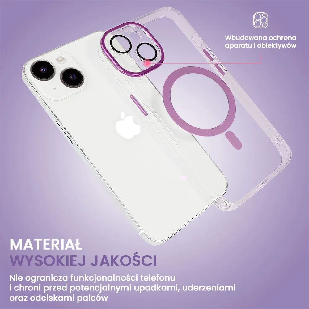 Etui do iPhone 14 Simple Elegance z MagSafe, twardy przeźroczysty tył, hybrydowa ochrona kamery, różowe