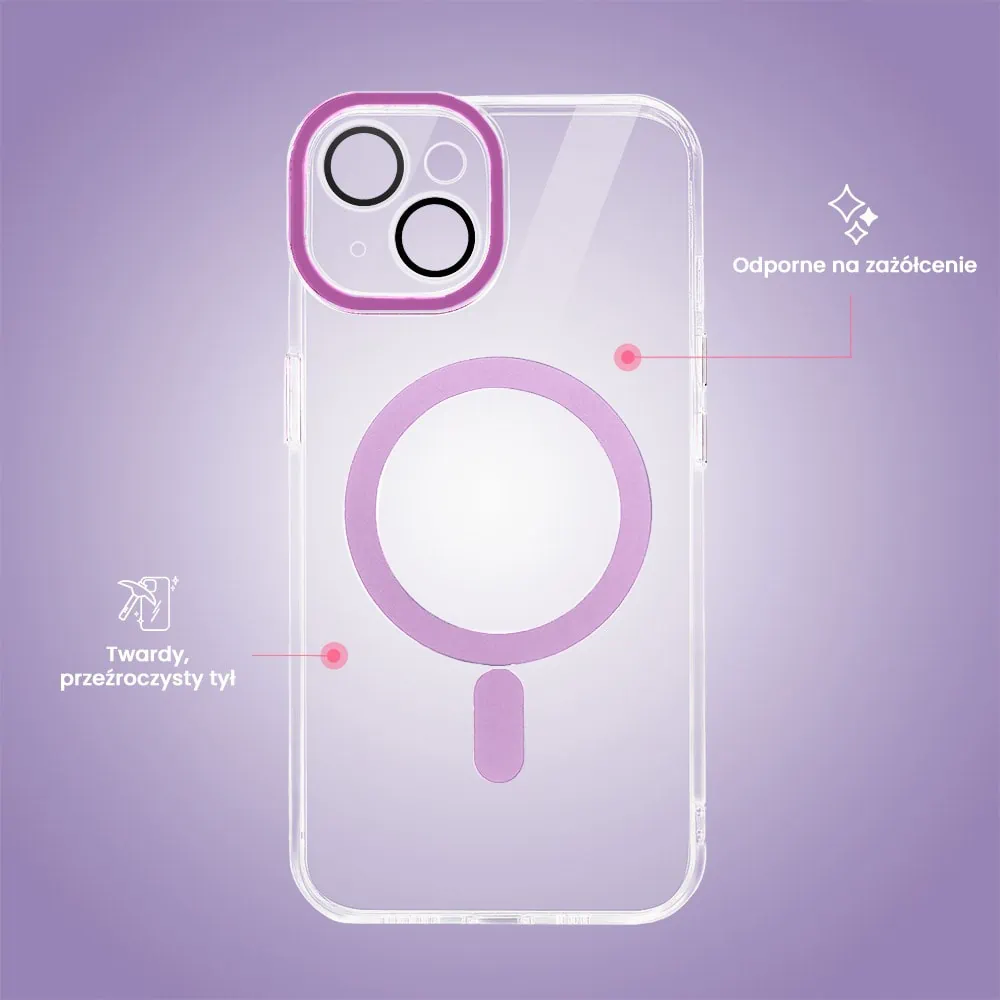 Etui do iPhone 14 Simple Elegance z MagSafe, twardy przeźroczysty tył, hybrydowa ochrona kamery, różowe